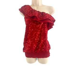 Red Double Ruffle Sequins One-Shoulder Blouson Top Blouse Shirt‎ Size Medium